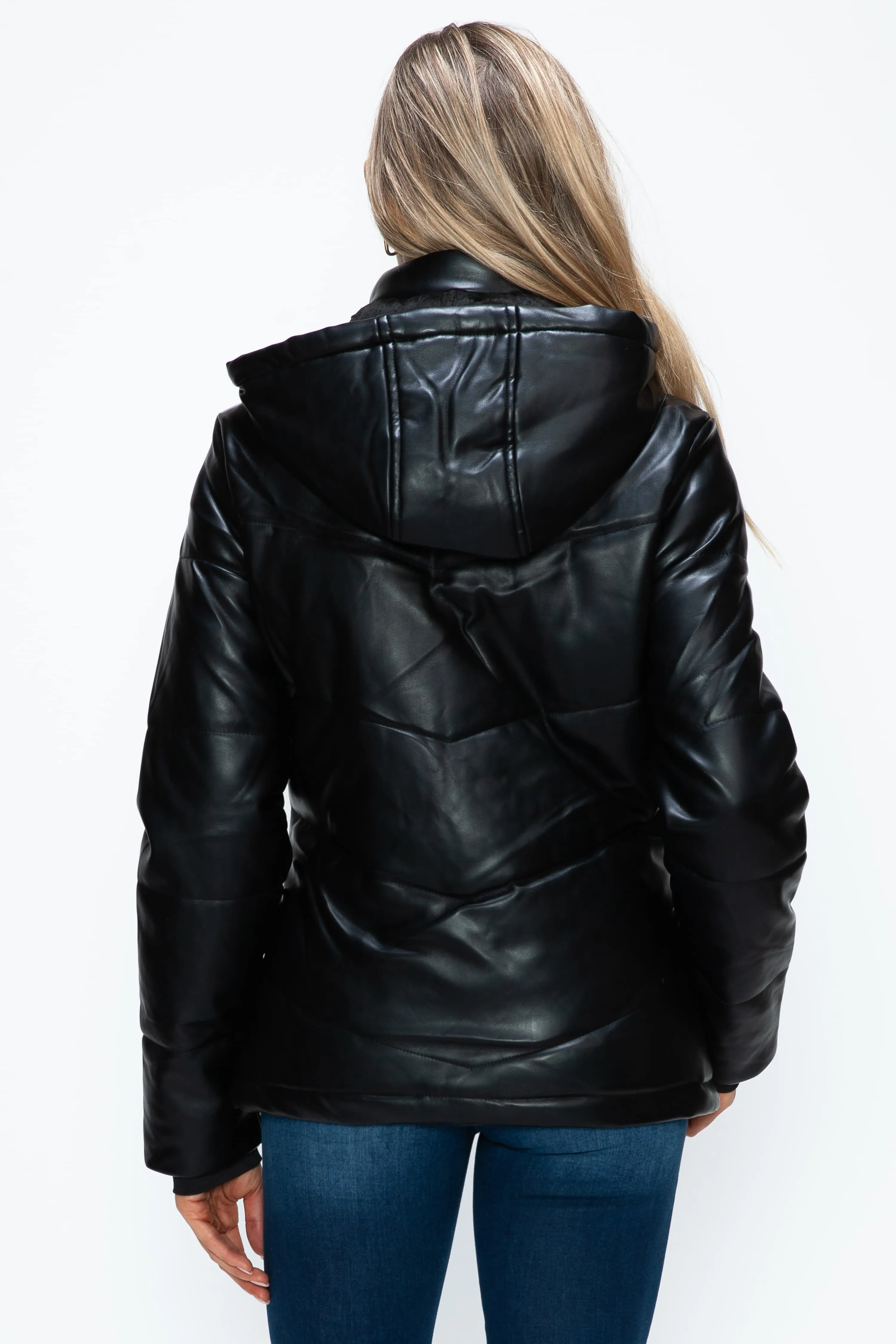 Black Vegan Leather Zip Up Puffer Jacket