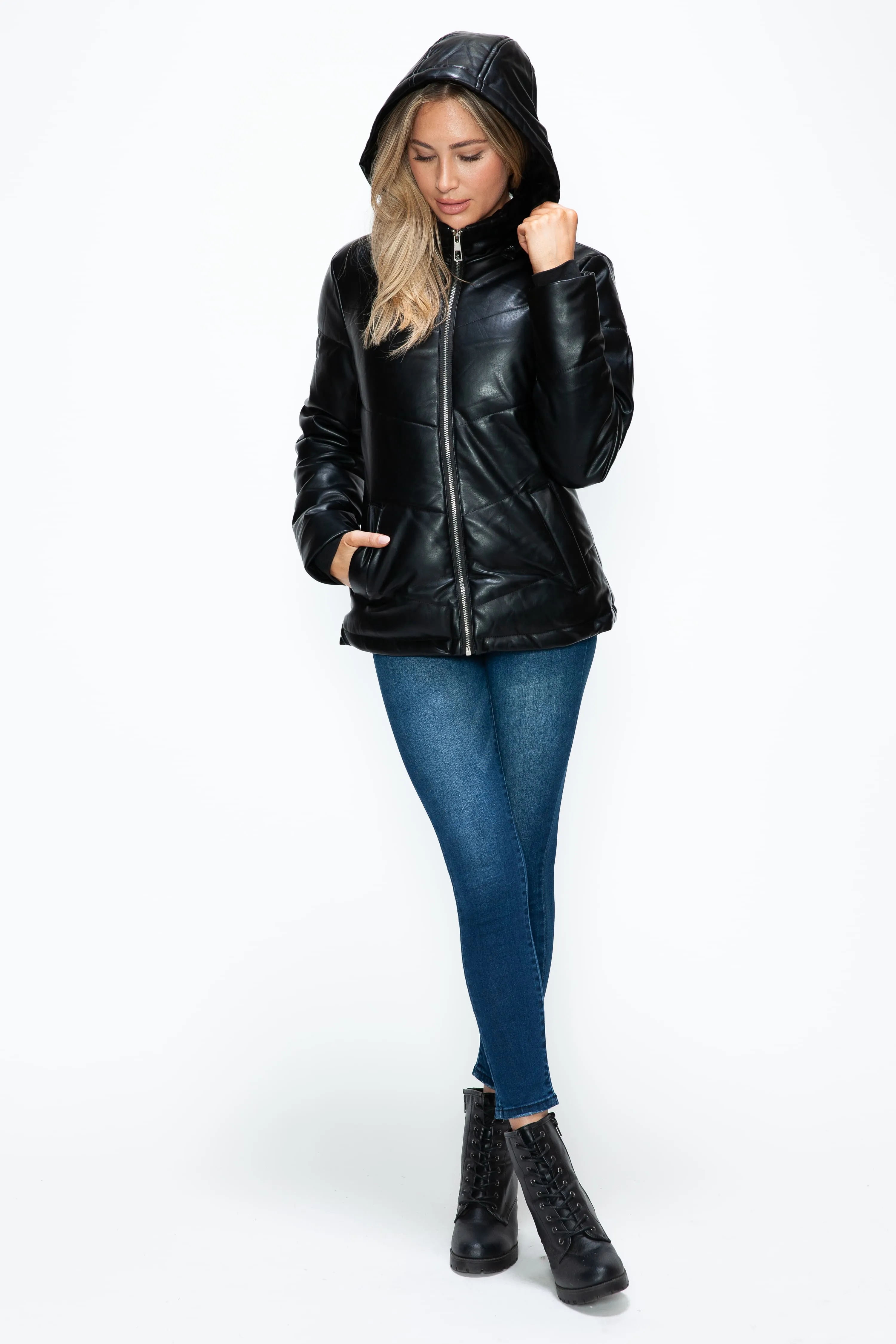 Black Vegan Leather Zip Up Puffer Jacket