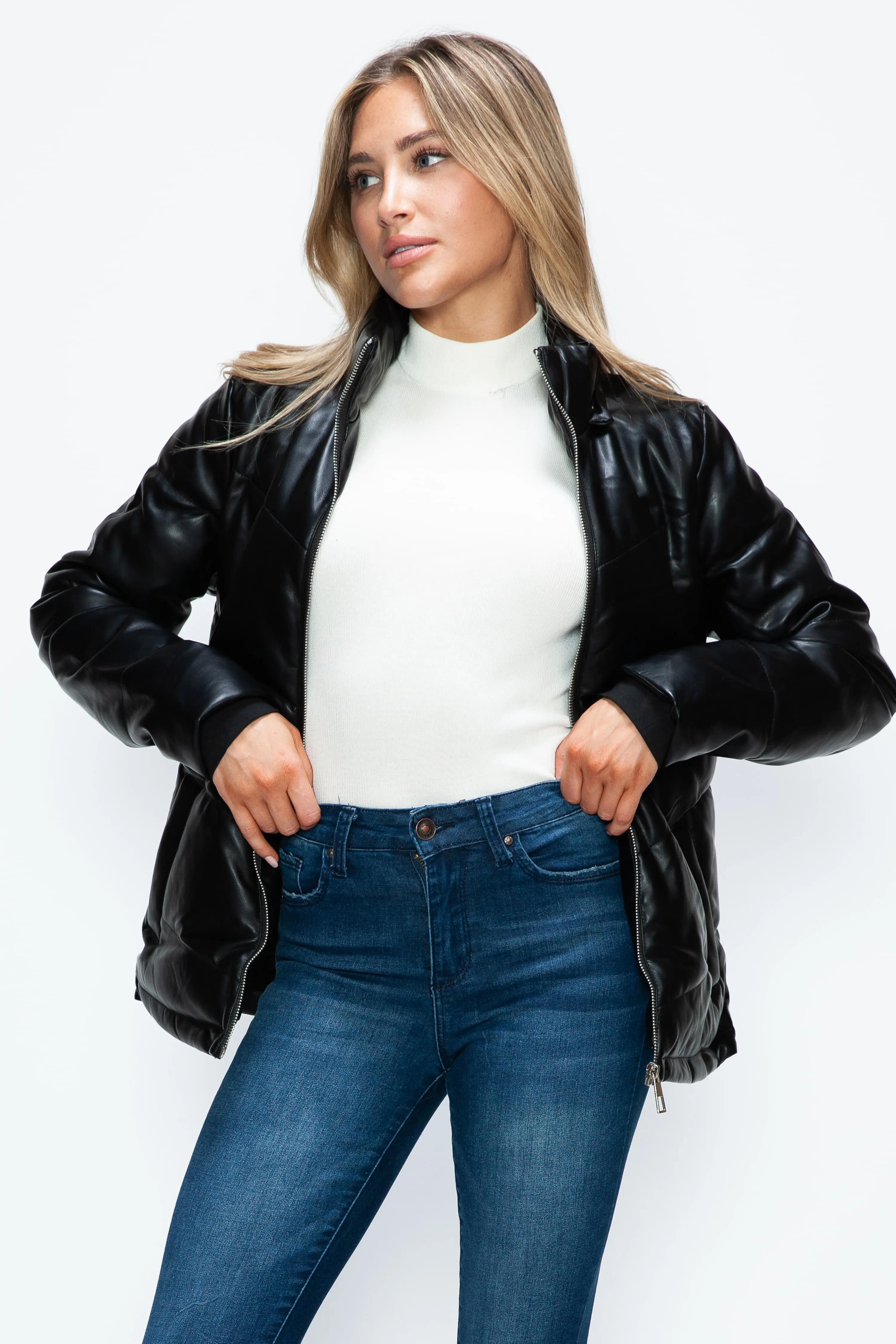 Black Vegan Leather Zip Up Puffer Jacket