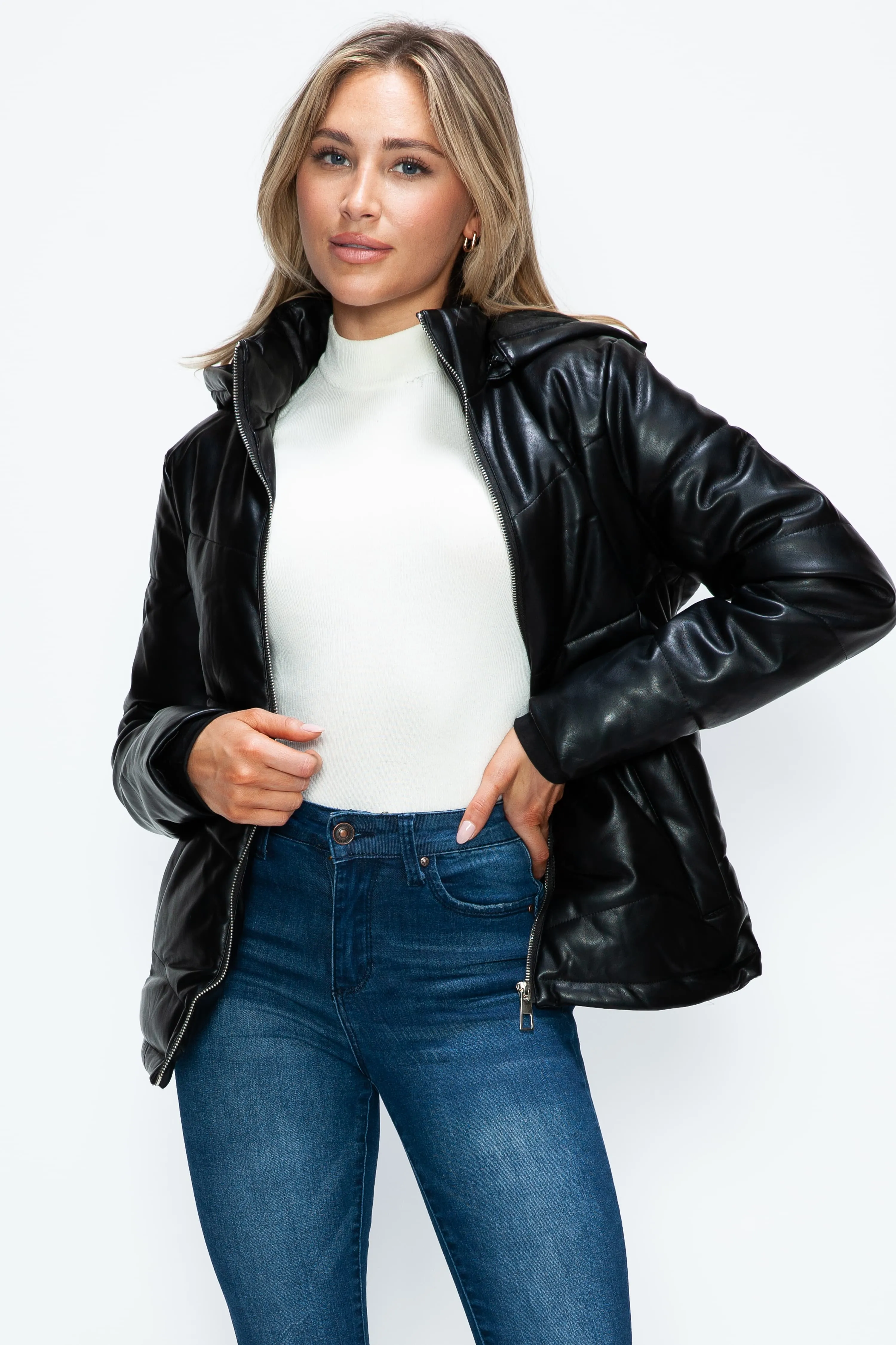 Black Vegan Leather Zip Up Puffer Jacket