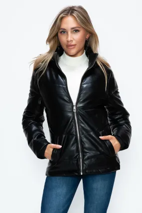 Black Vegan Leather Zip Up Puffer Jacket