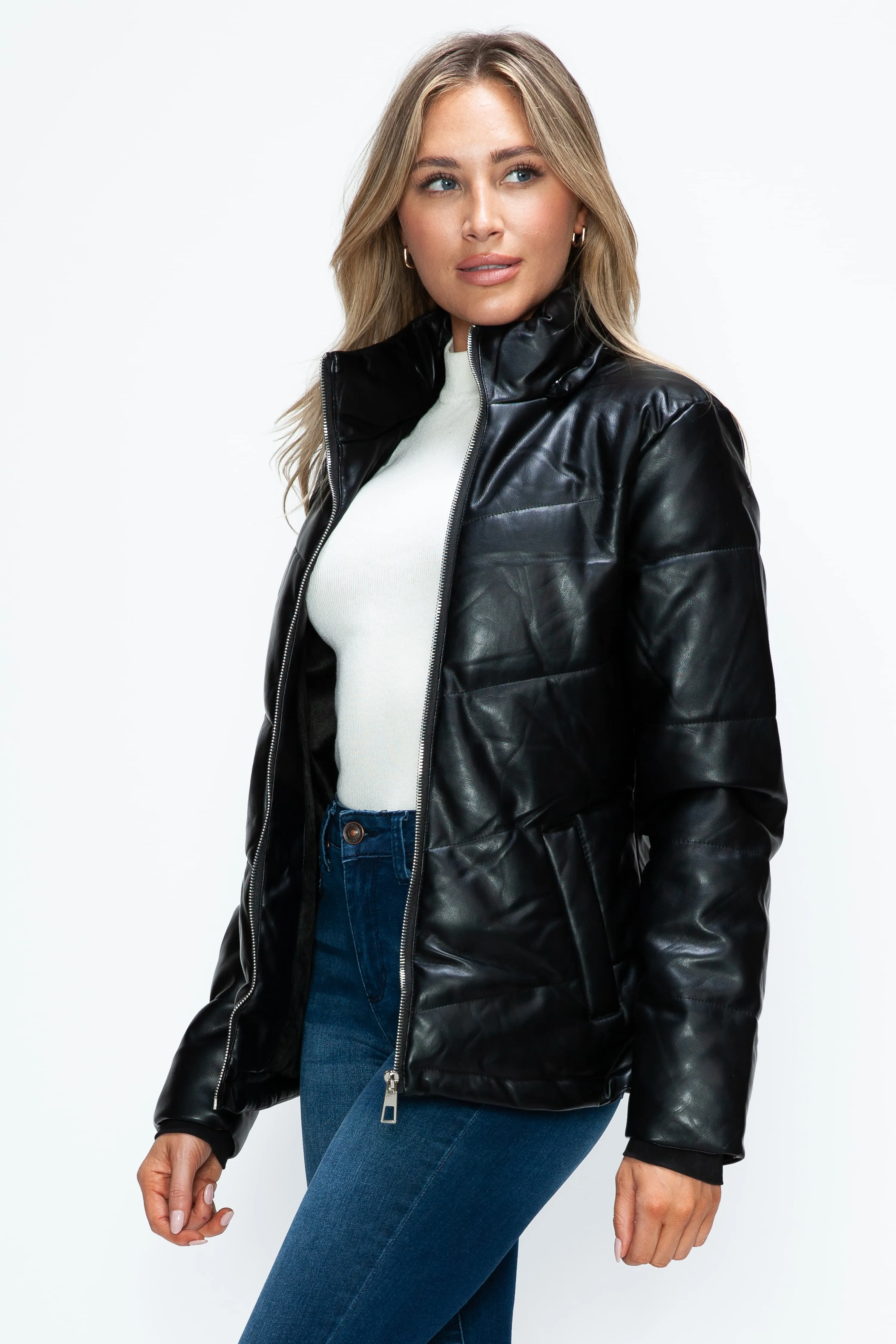 Black Vegan Leather Zip Up Puffer Jacket