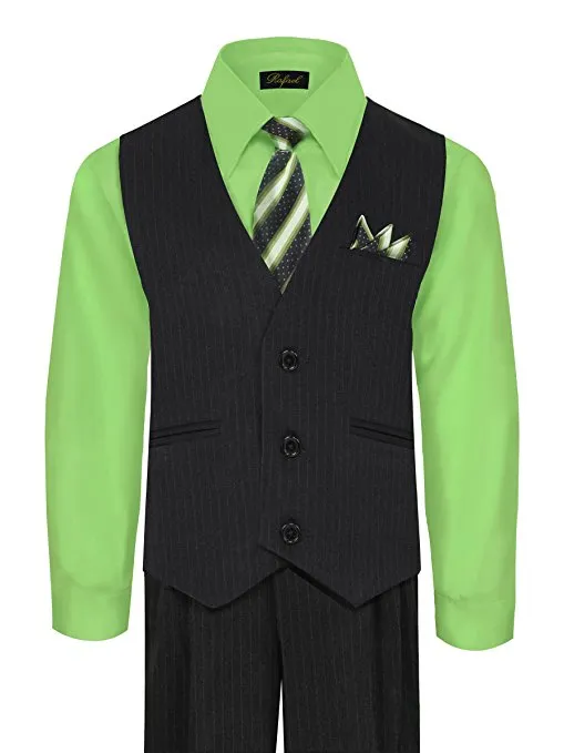 Boys Vest Pants Pinstriped 5 Piece Set With Shirt And Tie - Lime