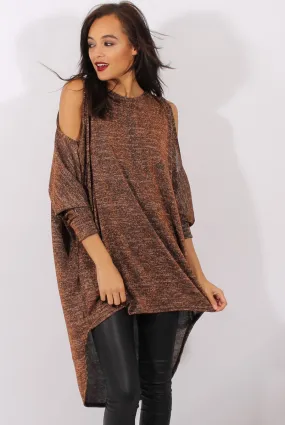 Bronze Metallic Cold Shoulder Dipped Hem Sweater - Rosi