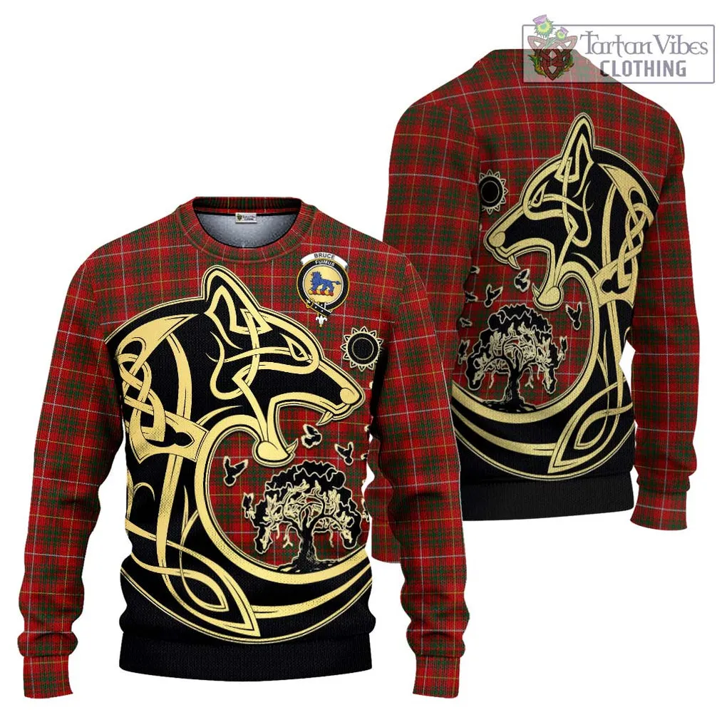 Bruce Tartan Ugly Sweater with Family Crest Celtic Wolf Style