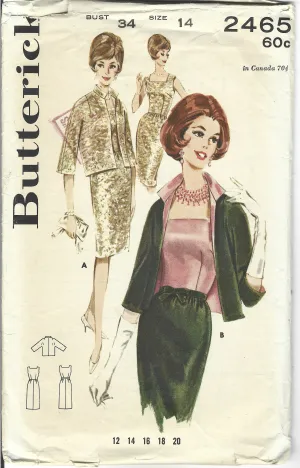 Butterick 2465 Ladies Sheath Dress Jacket Vintage Sewing Pattern 1960s