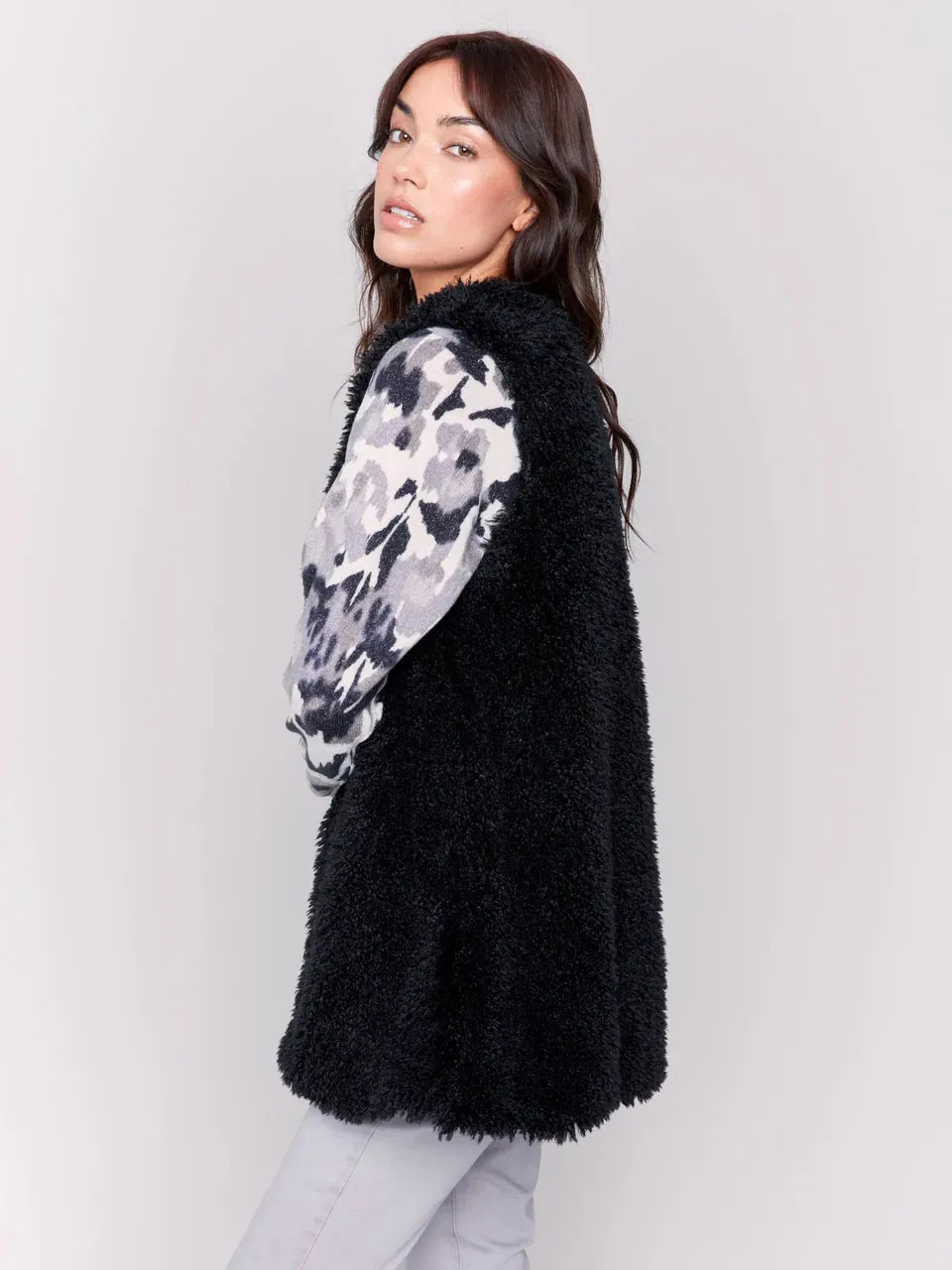 Charlie B Long Faux Fur Vest in Black