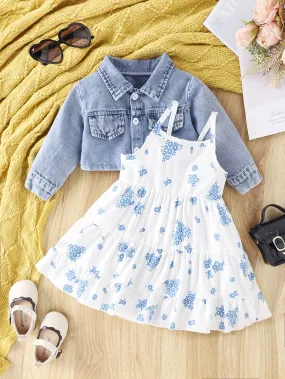 Chic Denim Coat and Floral Dress Set for Baby Girls