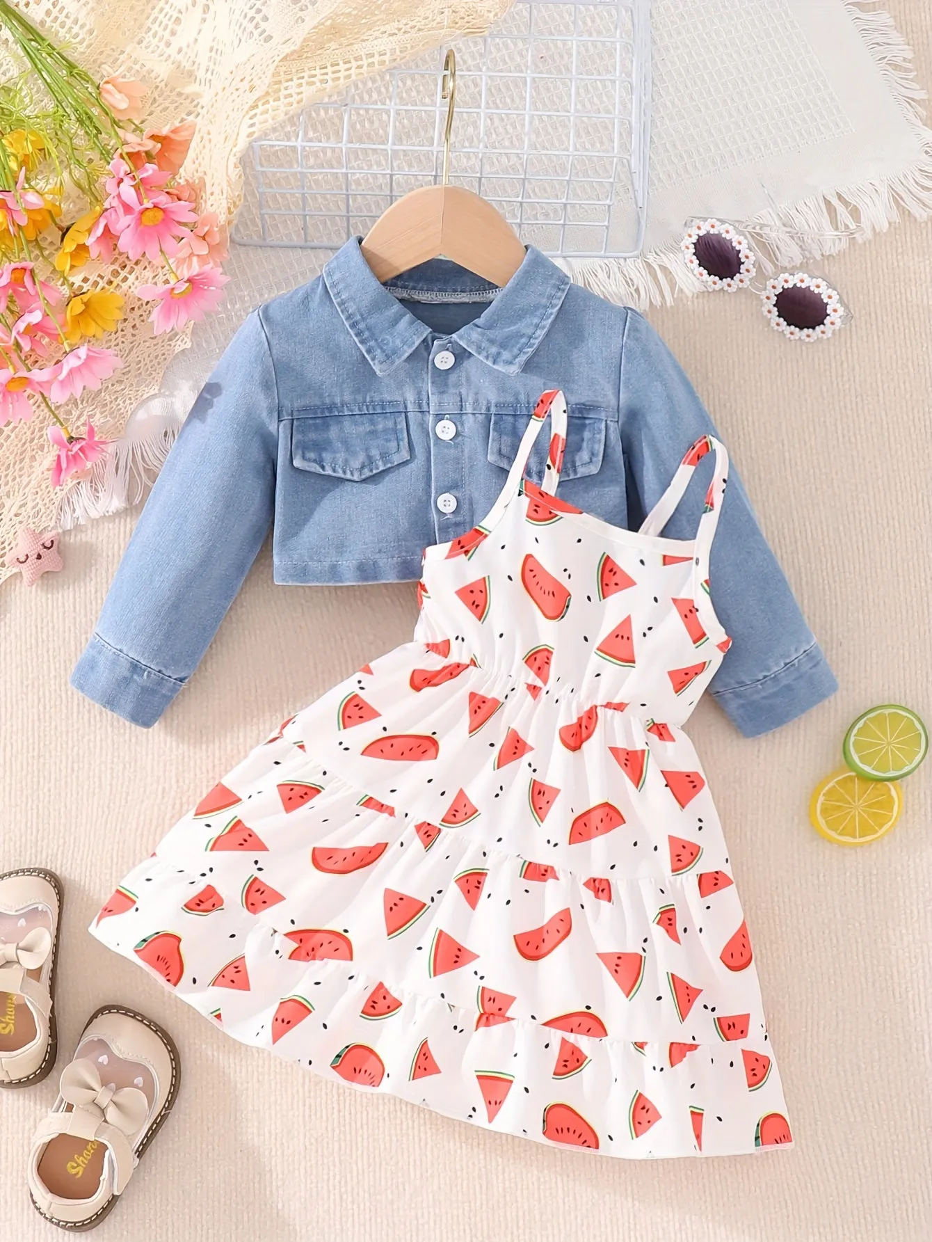 Chic Denim Coat and Floral Dress Set for Baby Girls