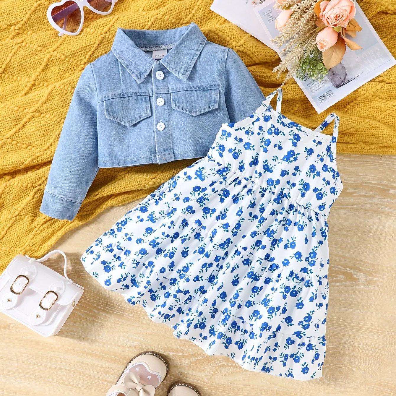 Chic Denim Coat and Floral Dress Set for Baby Girls