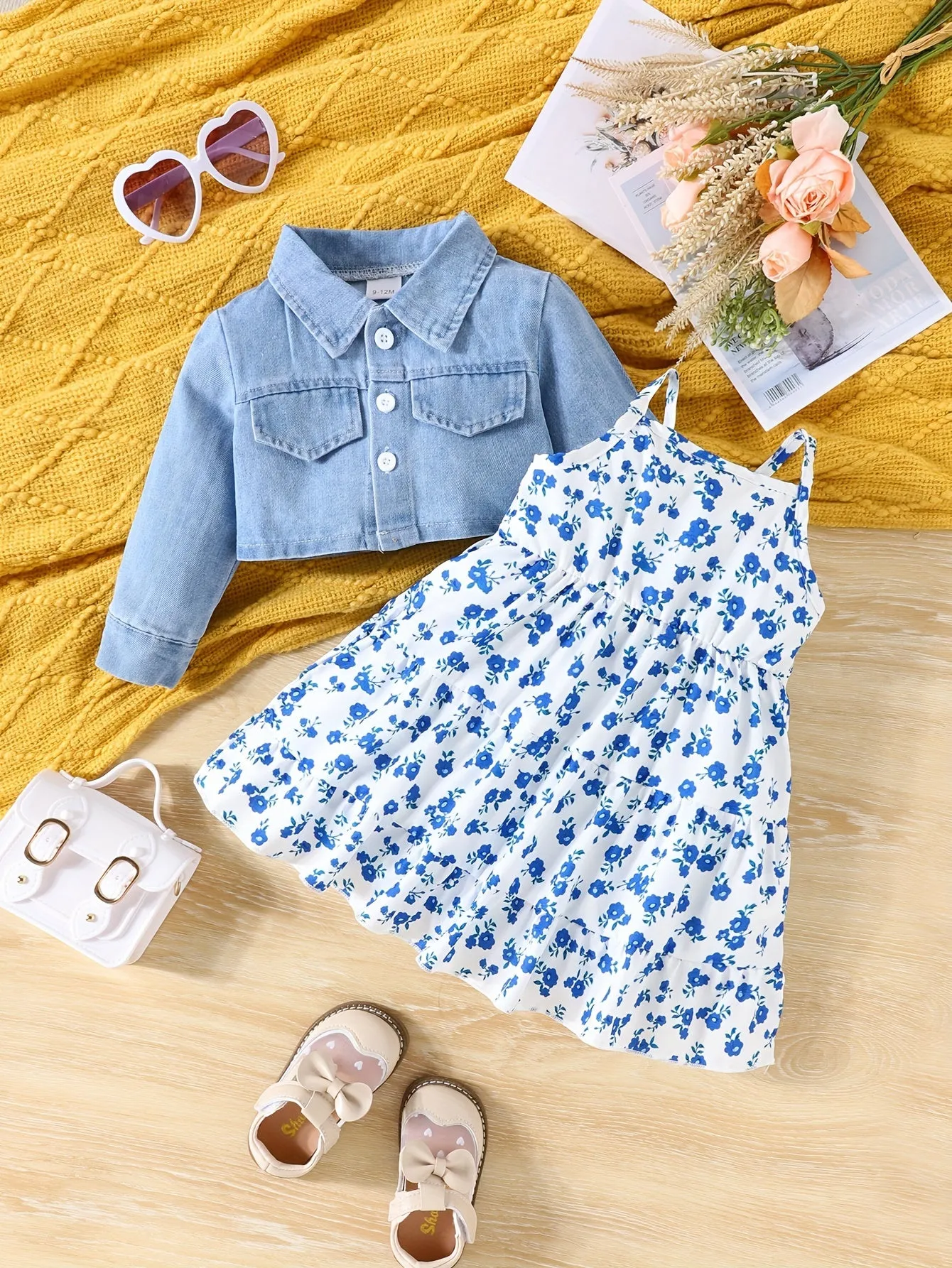 Chic Denim Coat and Floral Dress Set for Baby Girls