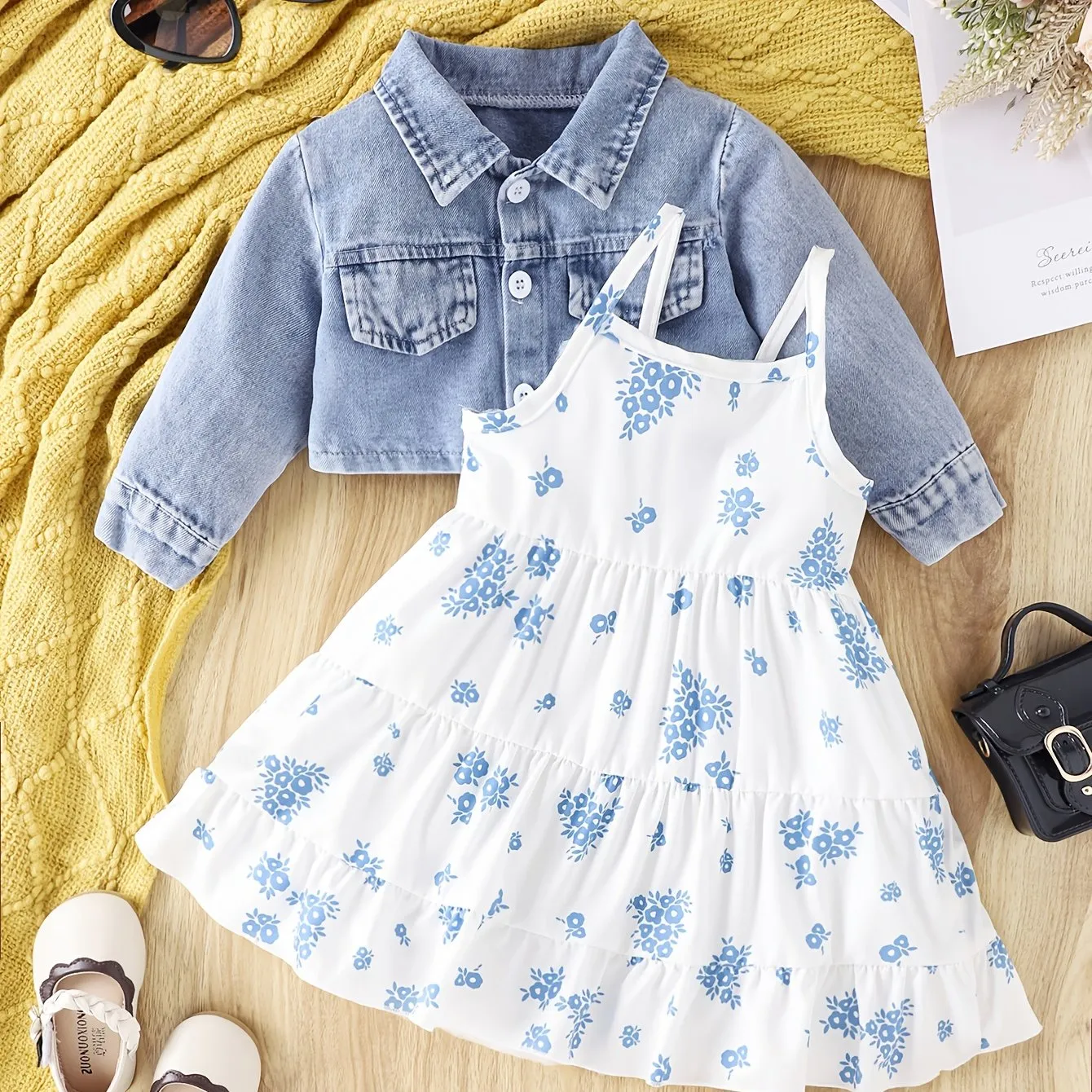 Chic Denim Coat and Floral Dress Set for Baby Girls