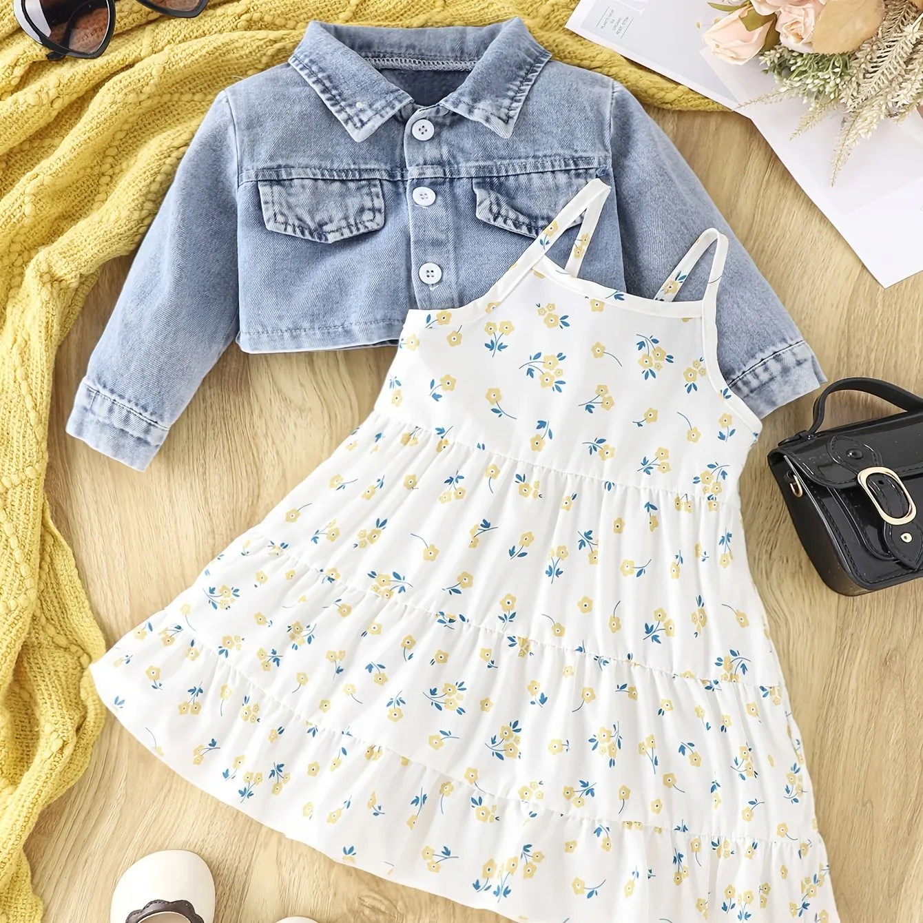 Chic Denim Coat and Floral Dress Set for Baby Girls