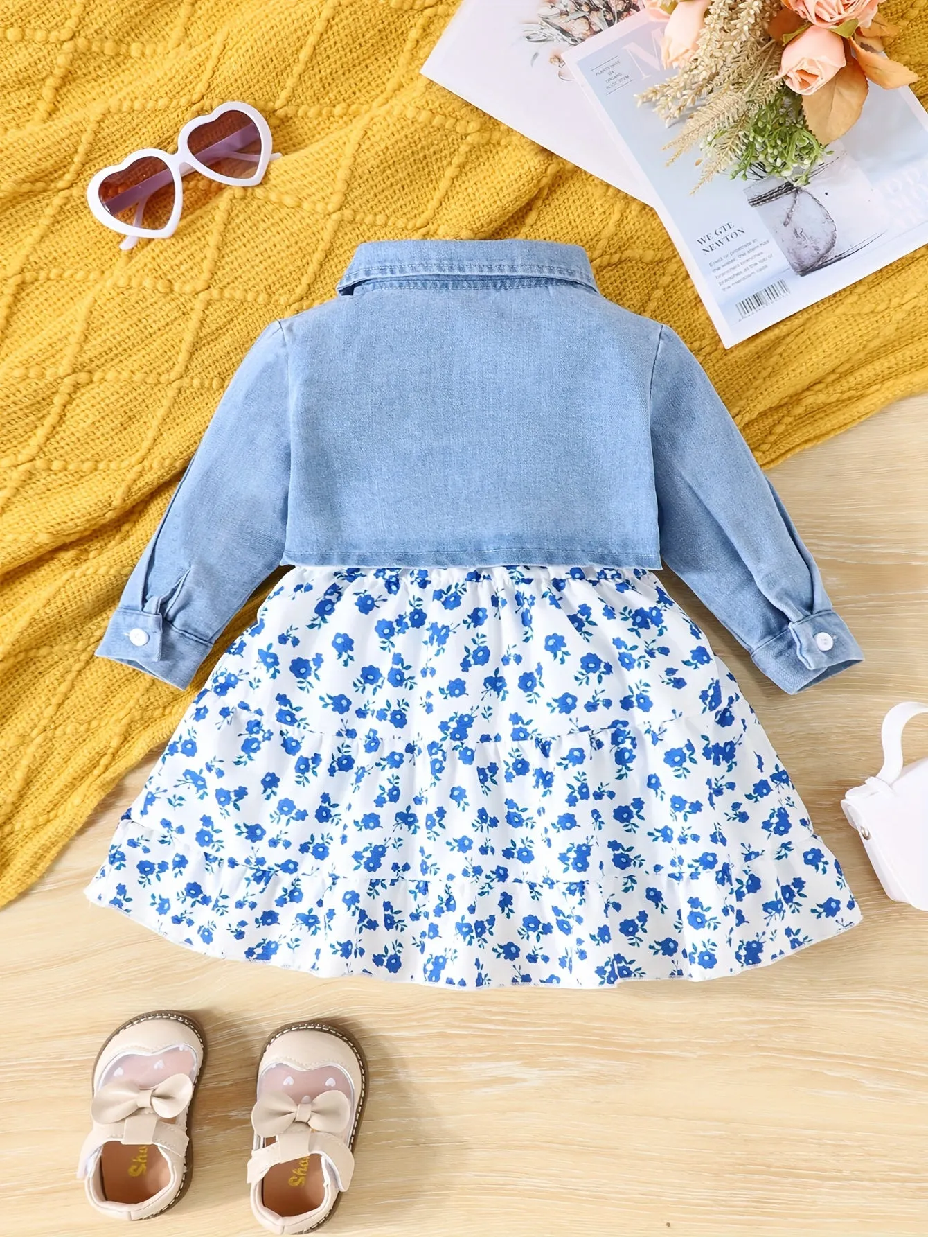 Chic Denim Coat and Floral Dress Set for Baby Girls