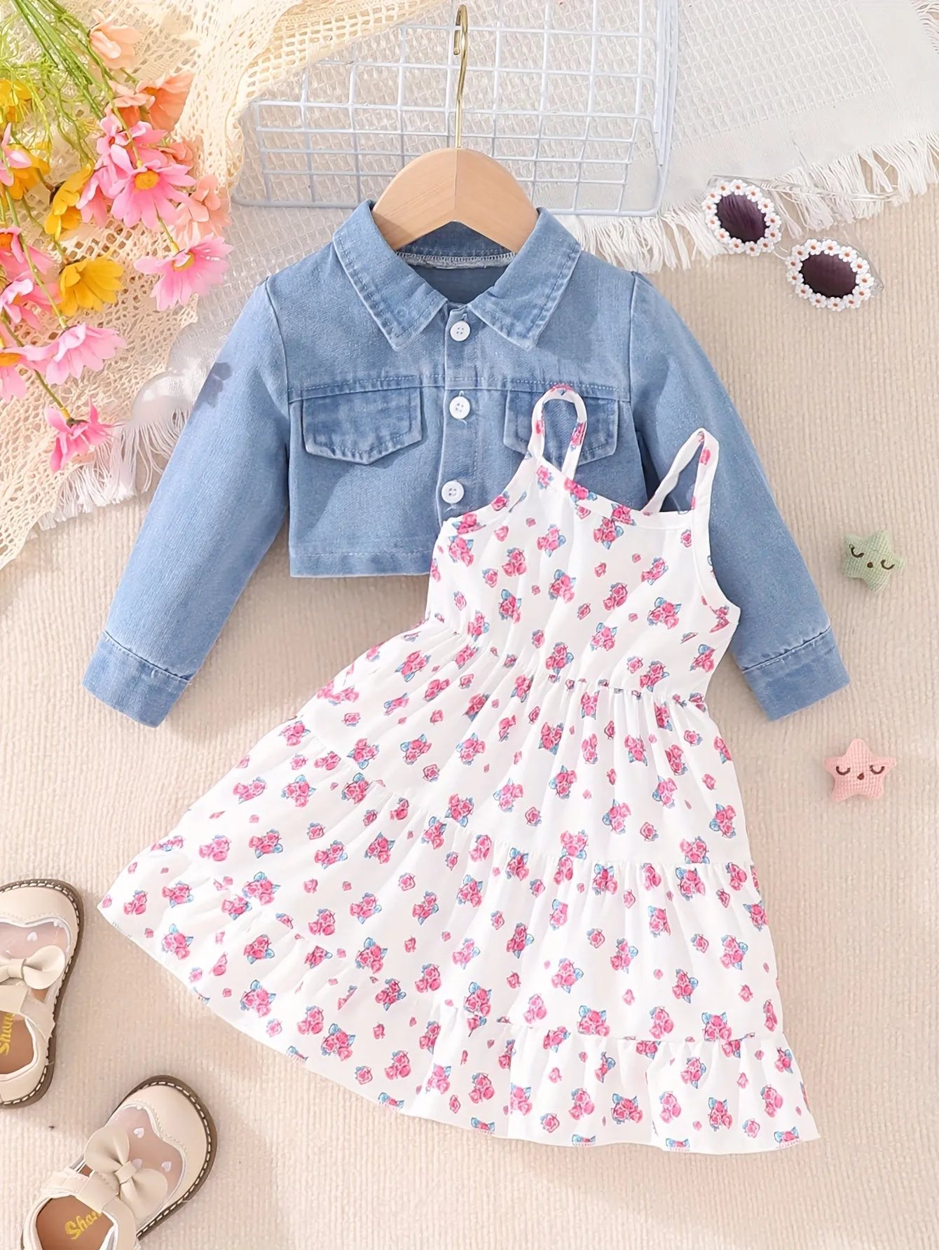 Chic Denim Coat and Floral Dress Set for Baby Girls