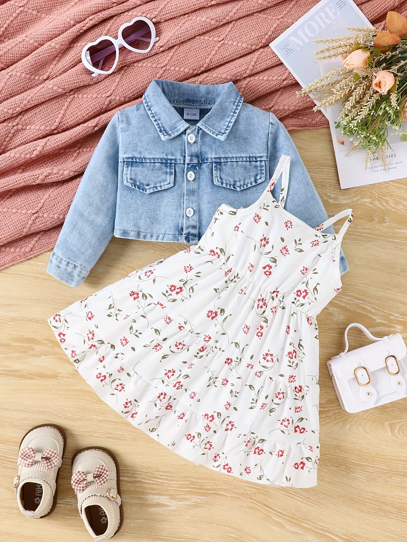 Chic Denim Coat and Floral Dress Set for Baby Girls