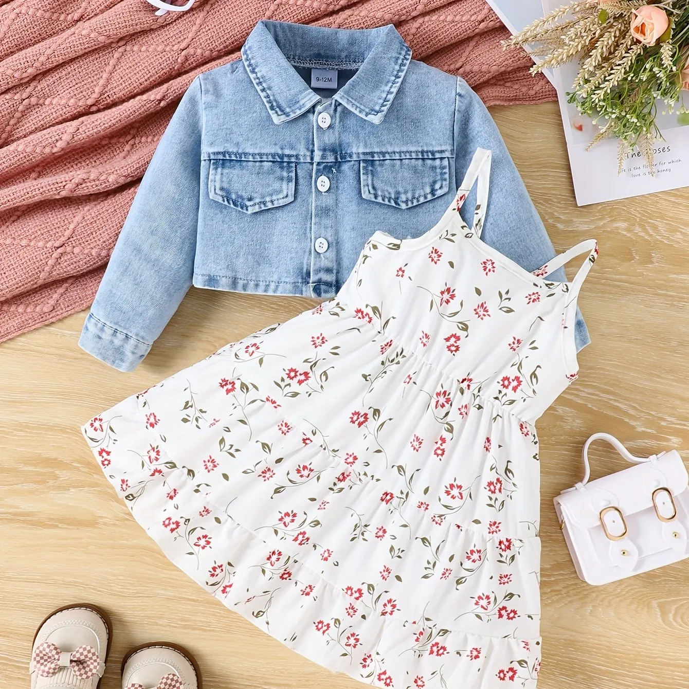 Chic Denim Coat and Floral Dress Set for Baby Girls