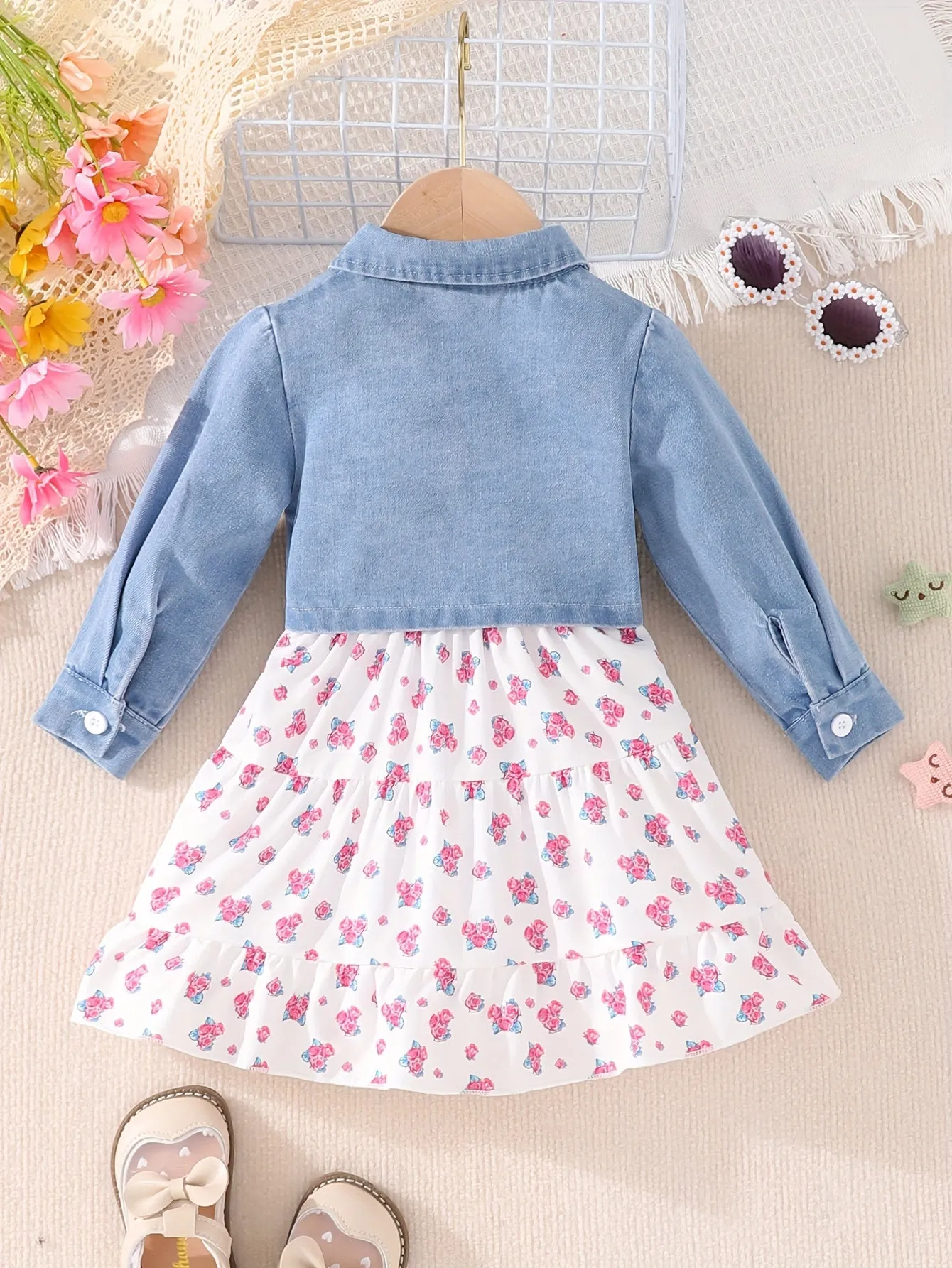 Chic Denim Coat and Floral Dress Set for Baby Girls