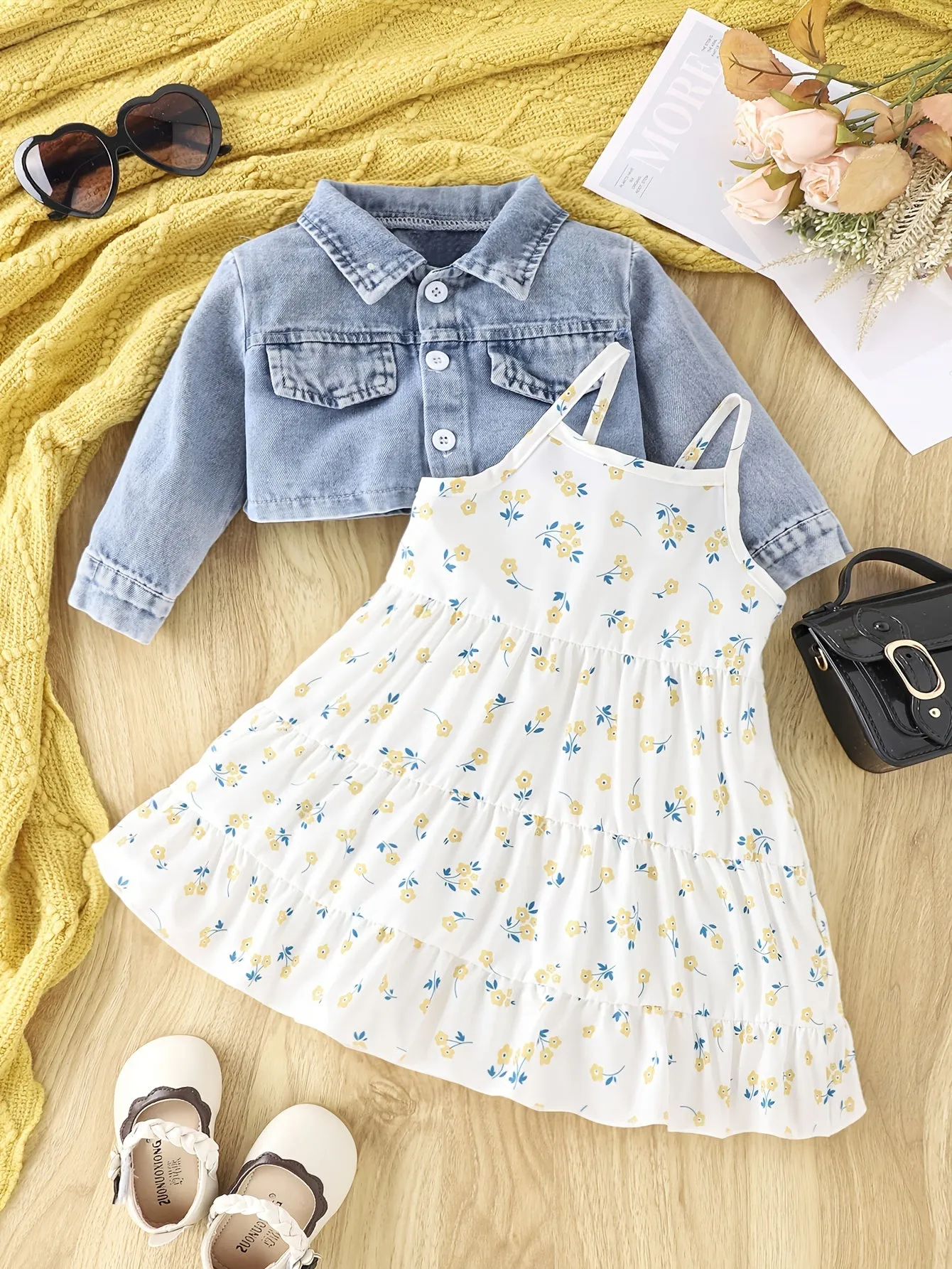 Chic Denim Coat and Floral Dress Set for Baby Girls