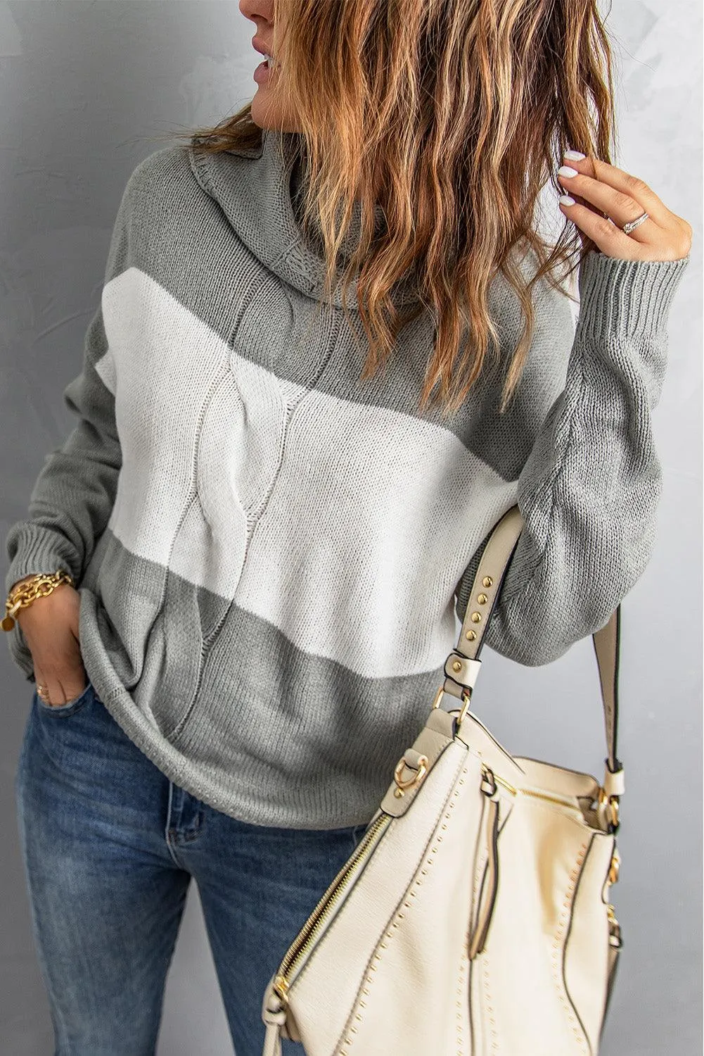 Colorblock Turtleneck Loose Knitted Sweater