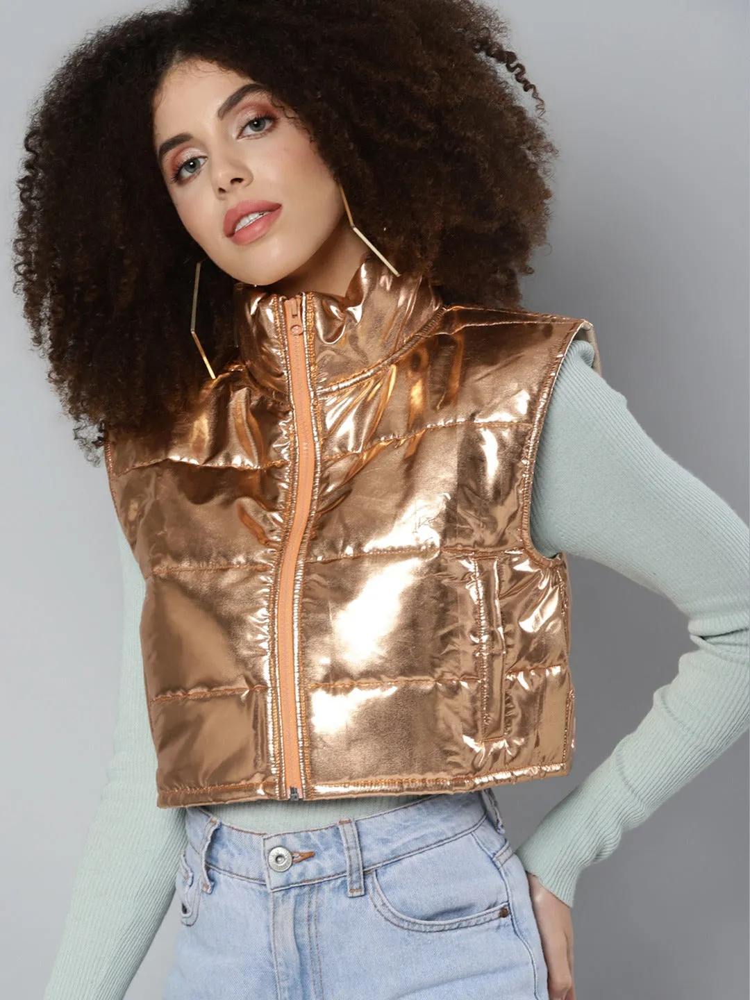 Copper Mettalic Sleeveless Puffer Crop Jacket