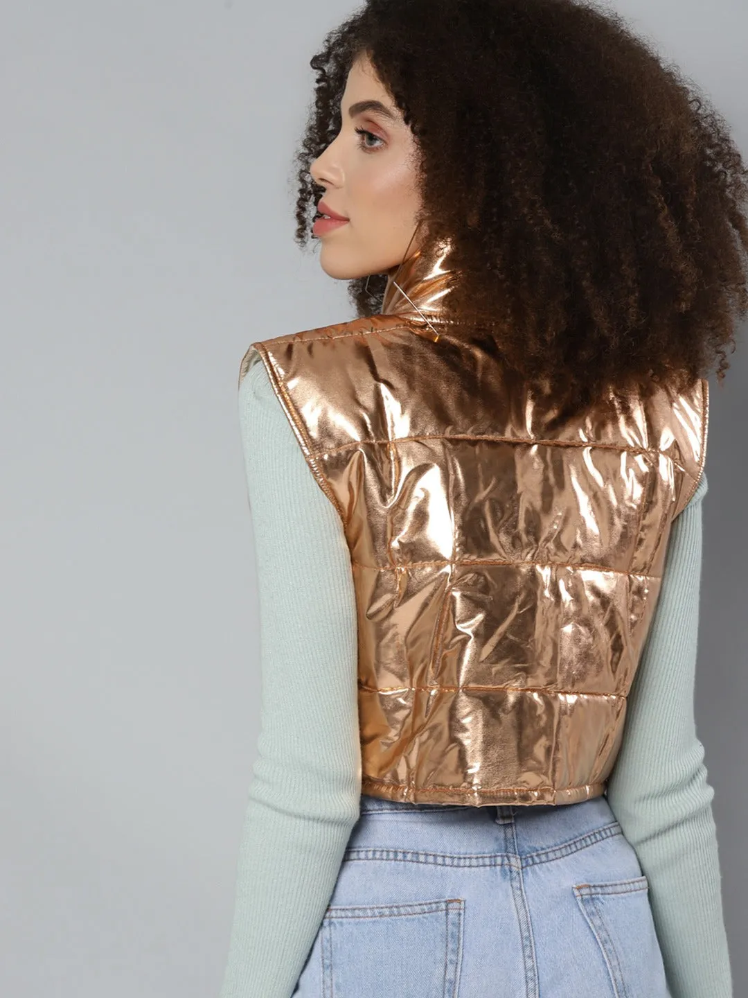 Copper Mettalic Sleeveless Puffer Crop Jacket