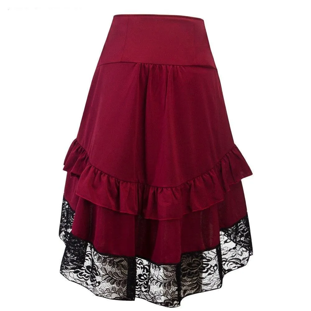 Costumes Steampunk Gothic Skirt Lace Women Clothing High Low Ruffle Party Lolita Red Medieval Victorian Punk Skater Button Front