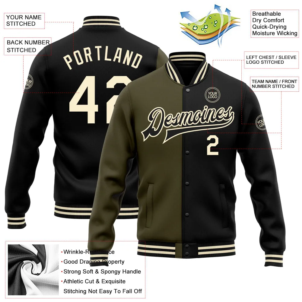 Custom Black Cream-Olive Bomber Full-Snap Varsity Letterman Split Fashion Jacket