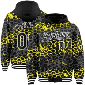 Custom Black Light Yellow-White Abstract Network 3D Pattern Design Bomber Full-Snap Varsity Letterman Hoodie Jacket