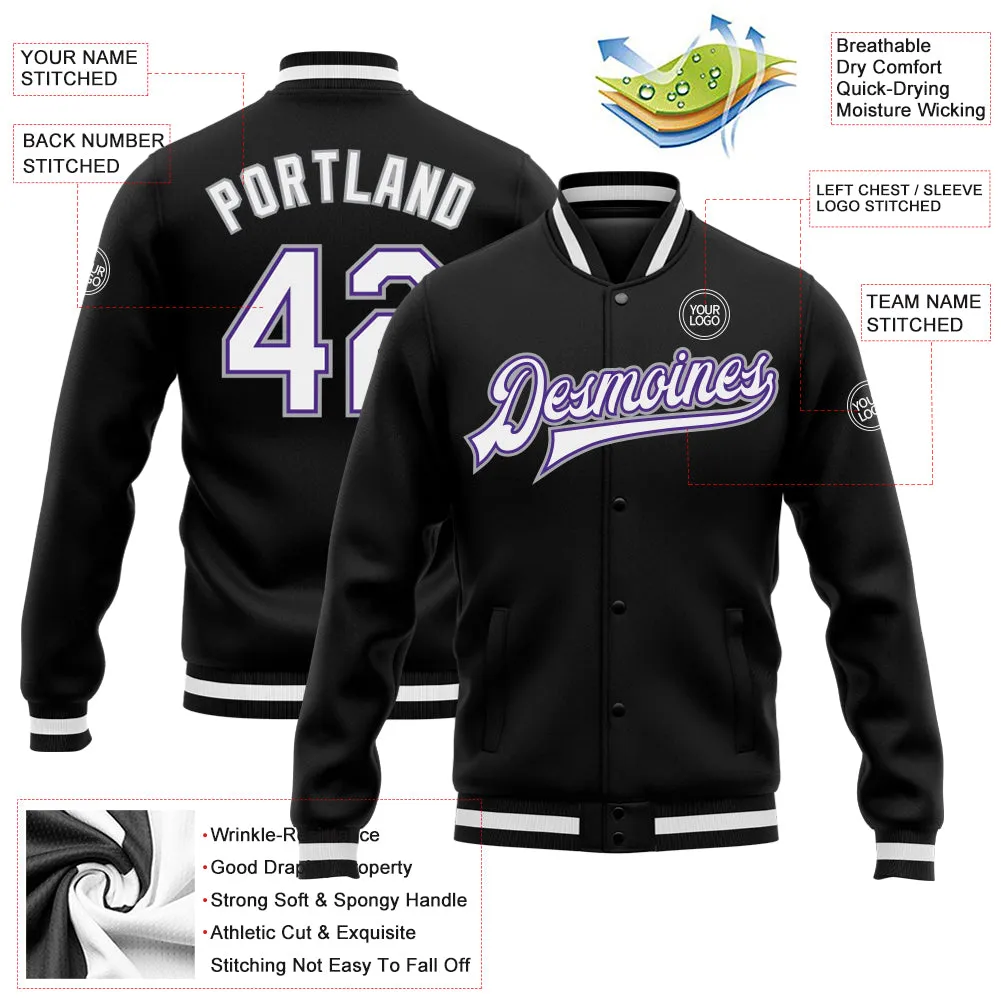 Custom Black White Purple-Gray Bomber Full-Snap Varsity Letterman Jacket