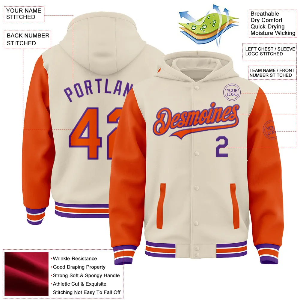 Custom Cream Orange Purple-White Bomber Full-Snap Varsity Letterman Two Tone Hoodie Jacket