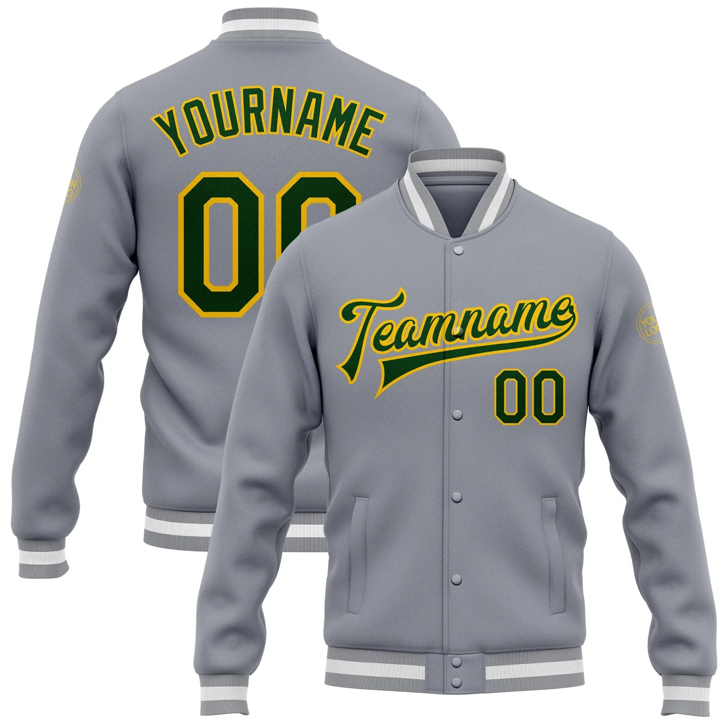 Custom Gray Green-Gold Bomber Full-Snap Varsity Letterman Jacket