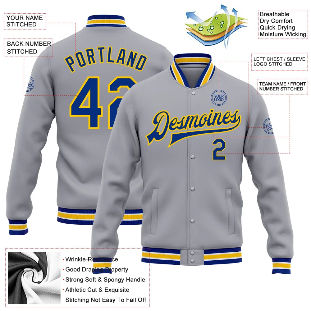 Custom Gray Royal-Yellow Bomber Full-Snap Varsity Letterman Jacket