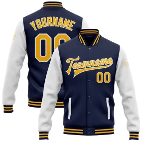 Custom Navy Gold-White Bomber Full-Snap Varsity Letterman Two Tone Jacket