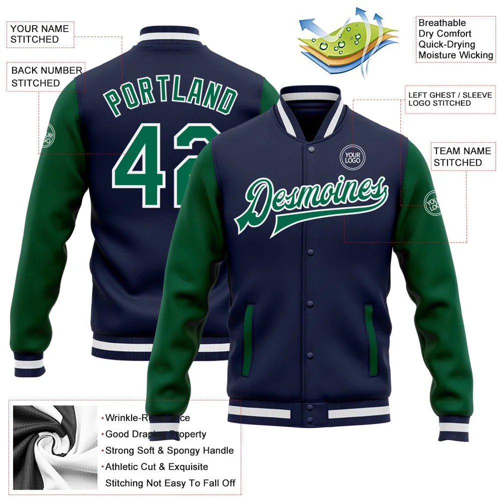 Custom Navy Kelly Green-White Bomber Full-Snap Varsity Letterman Two Tone Jacket