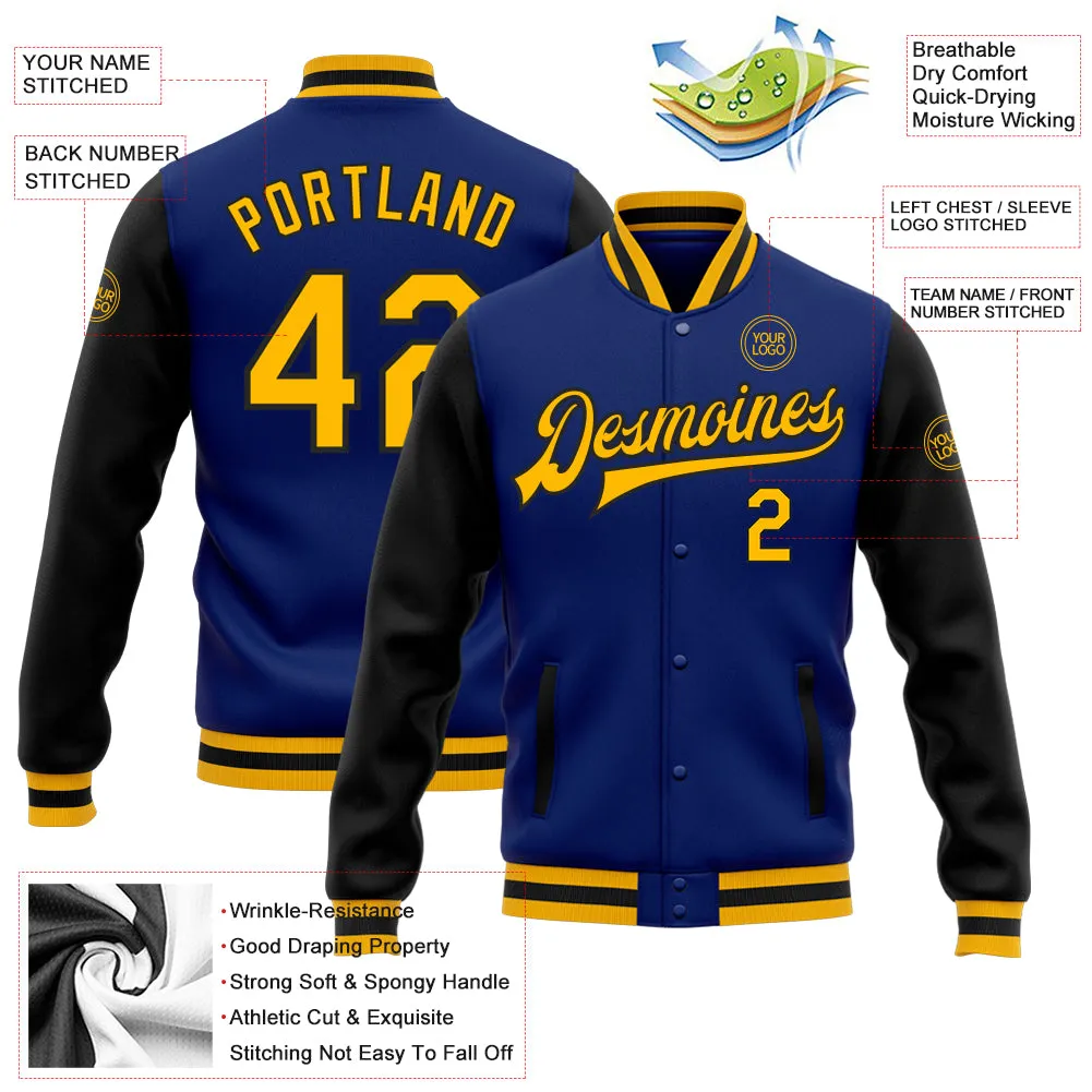 Custom Royal Gold-Black Bomber Full-Snap Varsity Letterman Two Tone Jacket