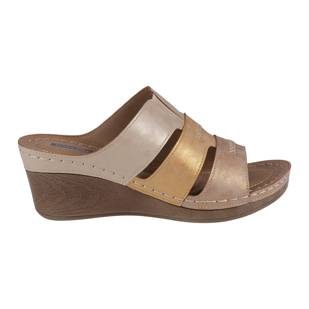 Delores Gold Multi-Tone Triple Band Contrast Wedge Sandals