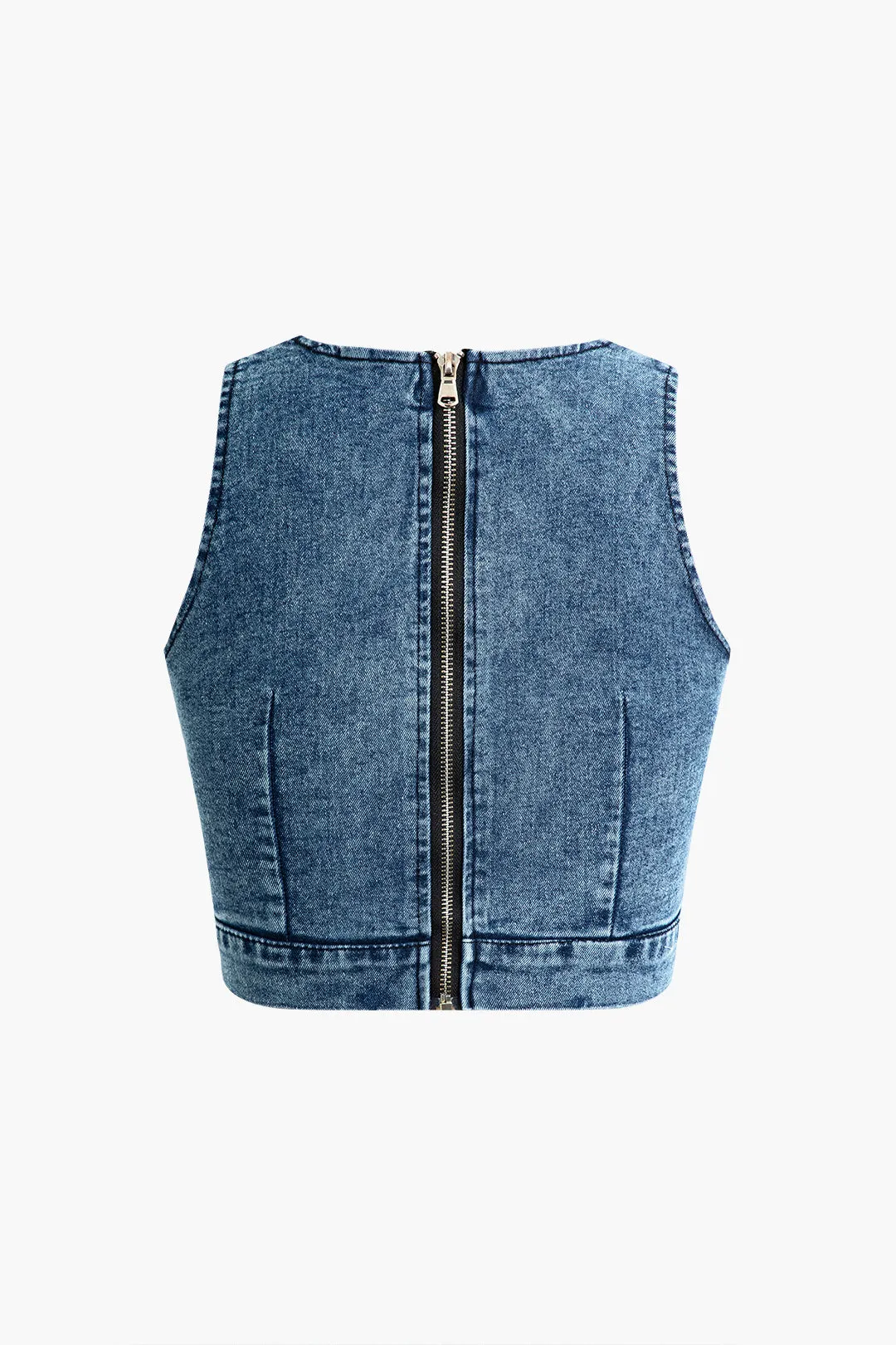 Denim Zipper Crop Tank Top And Pencil Split Skirt Set