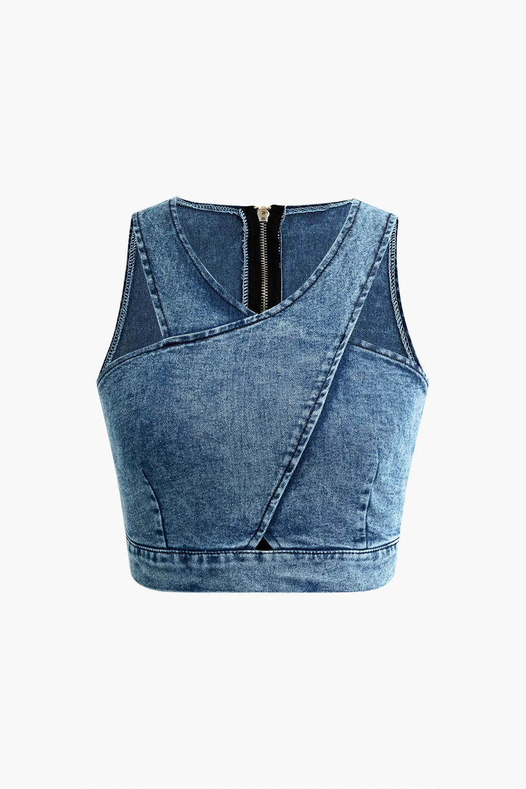 Denim Zipper Crop Tank Top And Pencil Split Skirt Set