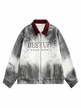 Distressed Dirty Dye Embroidered Lettering Suede Jacket