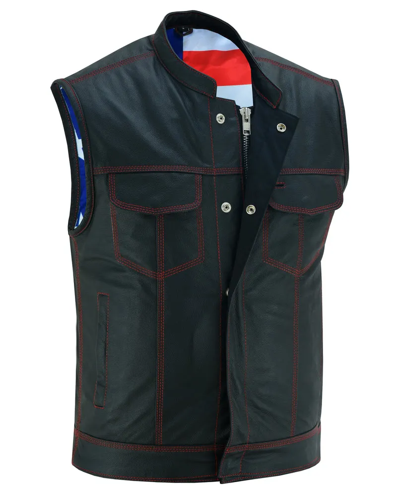 DS165 Men's Leather Vest Red Stitch and US Flag Lining