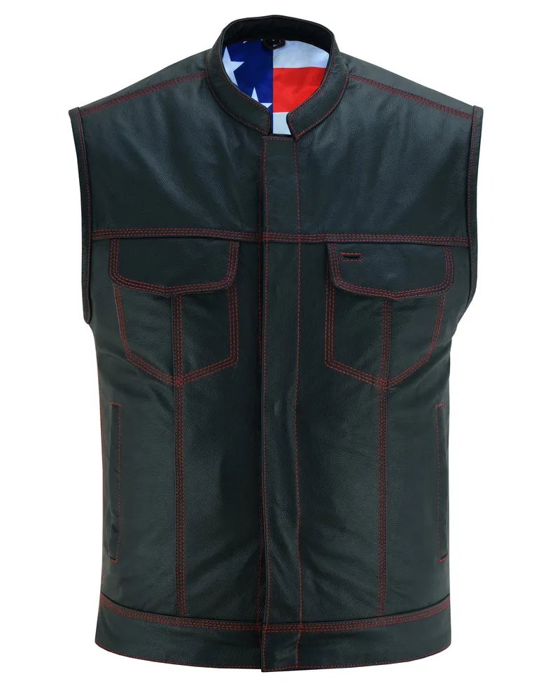 DS165 Men's Leather Vest Red Stitch and US Flag Lining