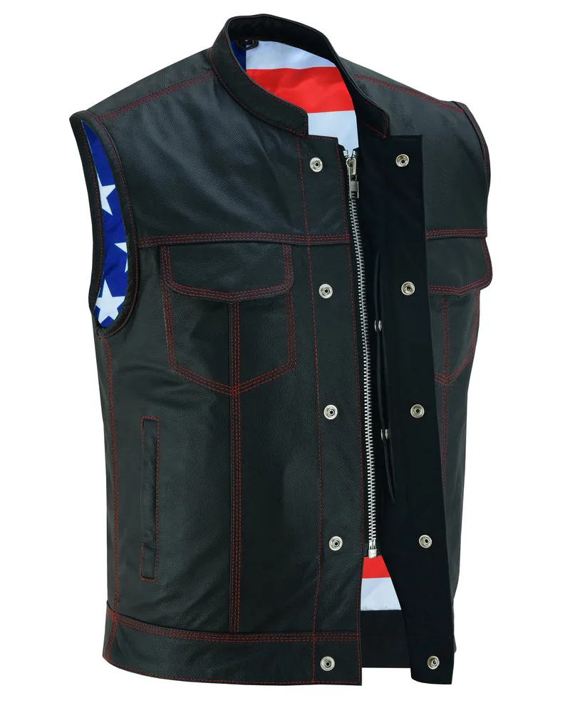 DS165 Men's Leather Vest Red Stitch and US Flag Lining