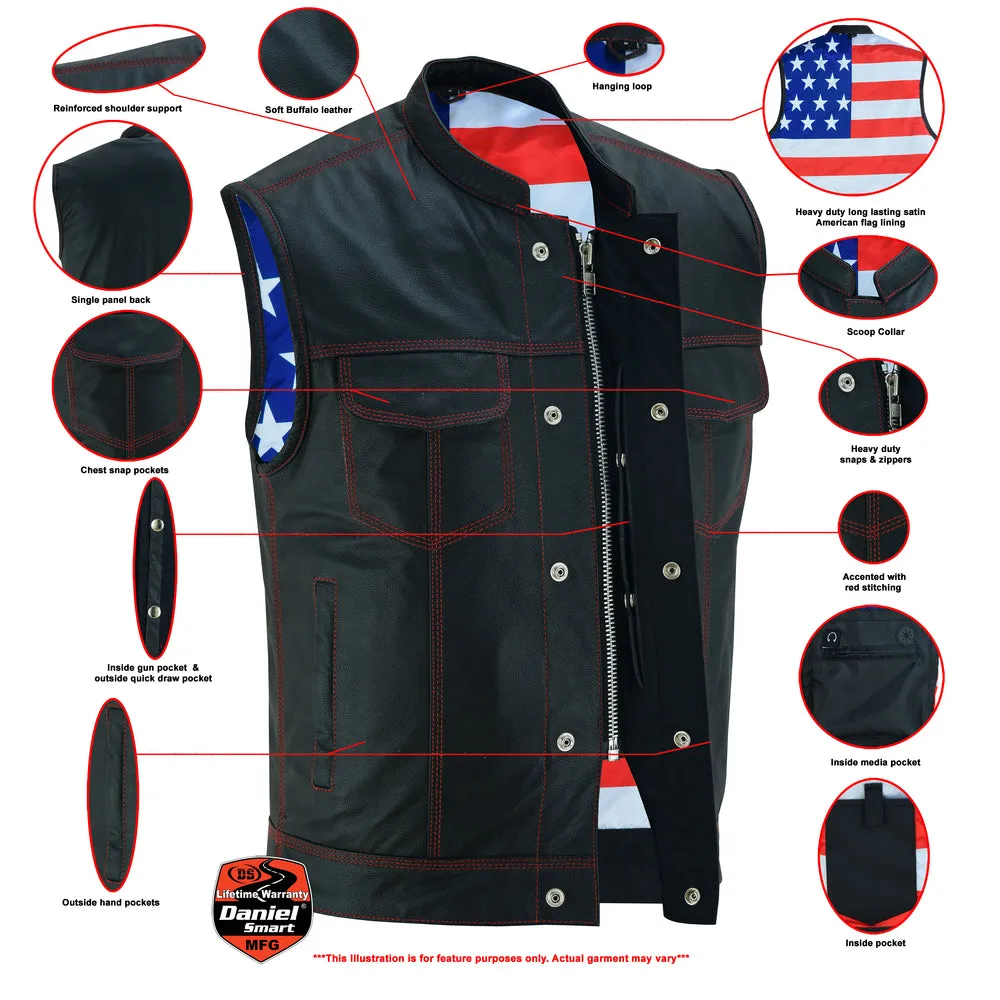 DS165 Men's Leather Vest Red Stitch and US Flag Lining