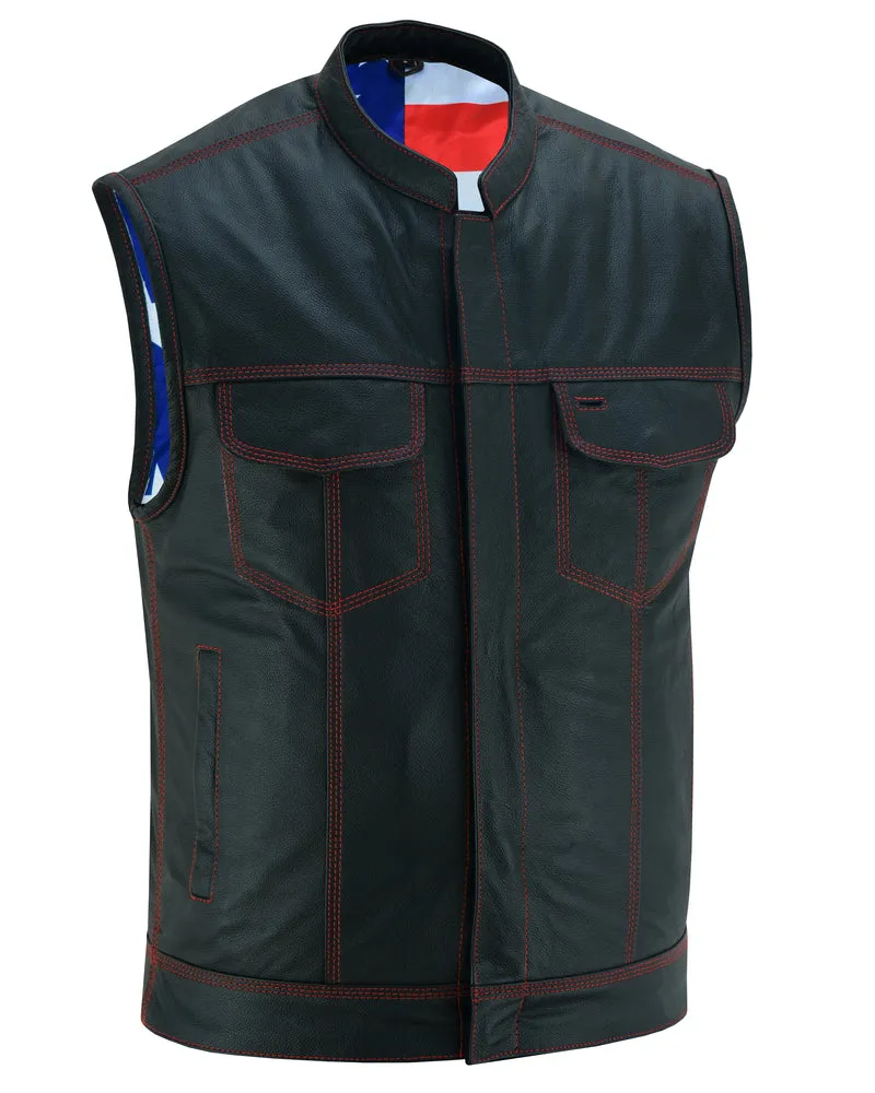 DS165 Men's Leather Vest Red Stitch and US Flag Lining