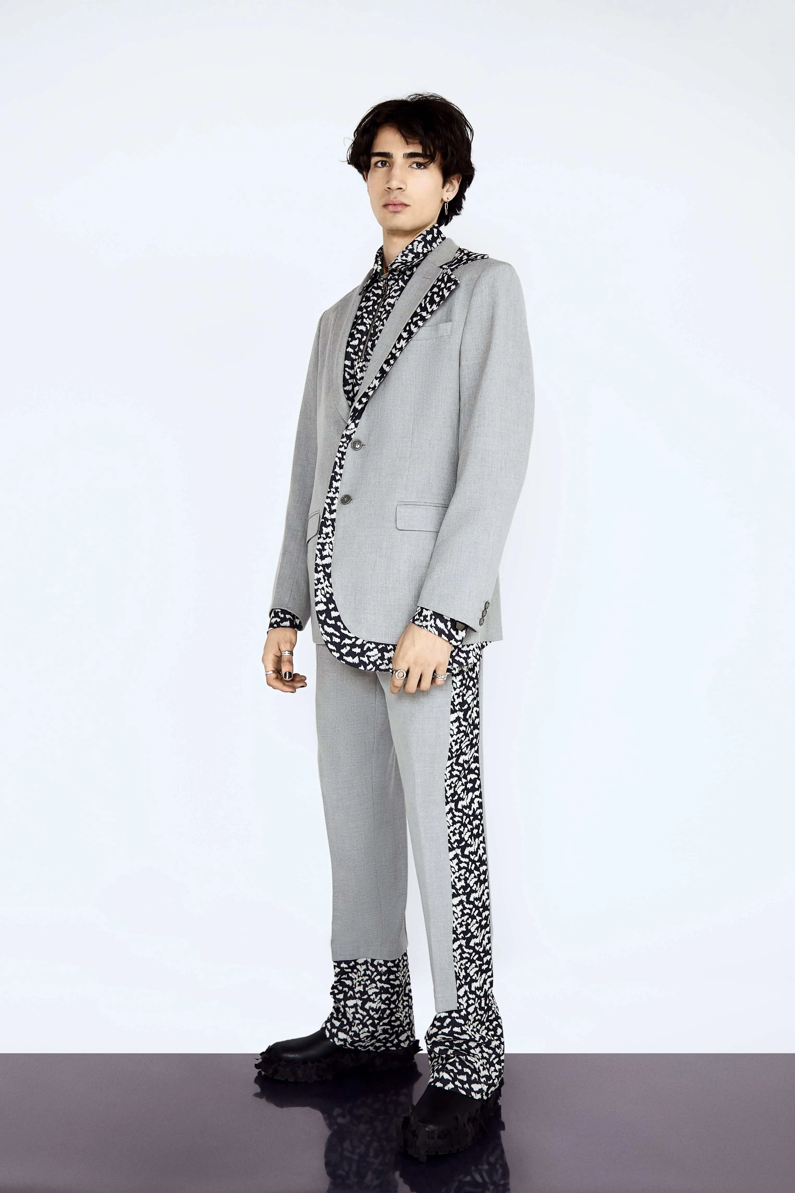 Dusky Grey Suit with Contrast Midnight Leopard Print Lapel