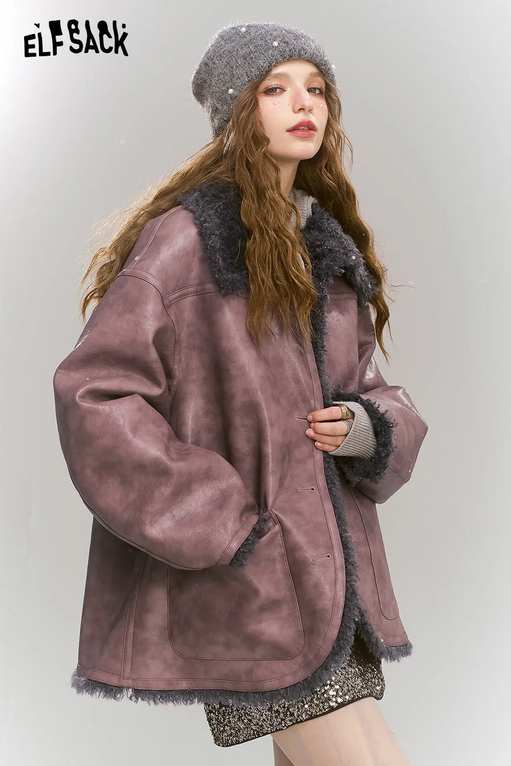 ELFSACK 2024 Winter New Arrivals Retro gray pink contrasting color reversible imitation plush PU jacket for women, sweet and cool top with gray fur collar