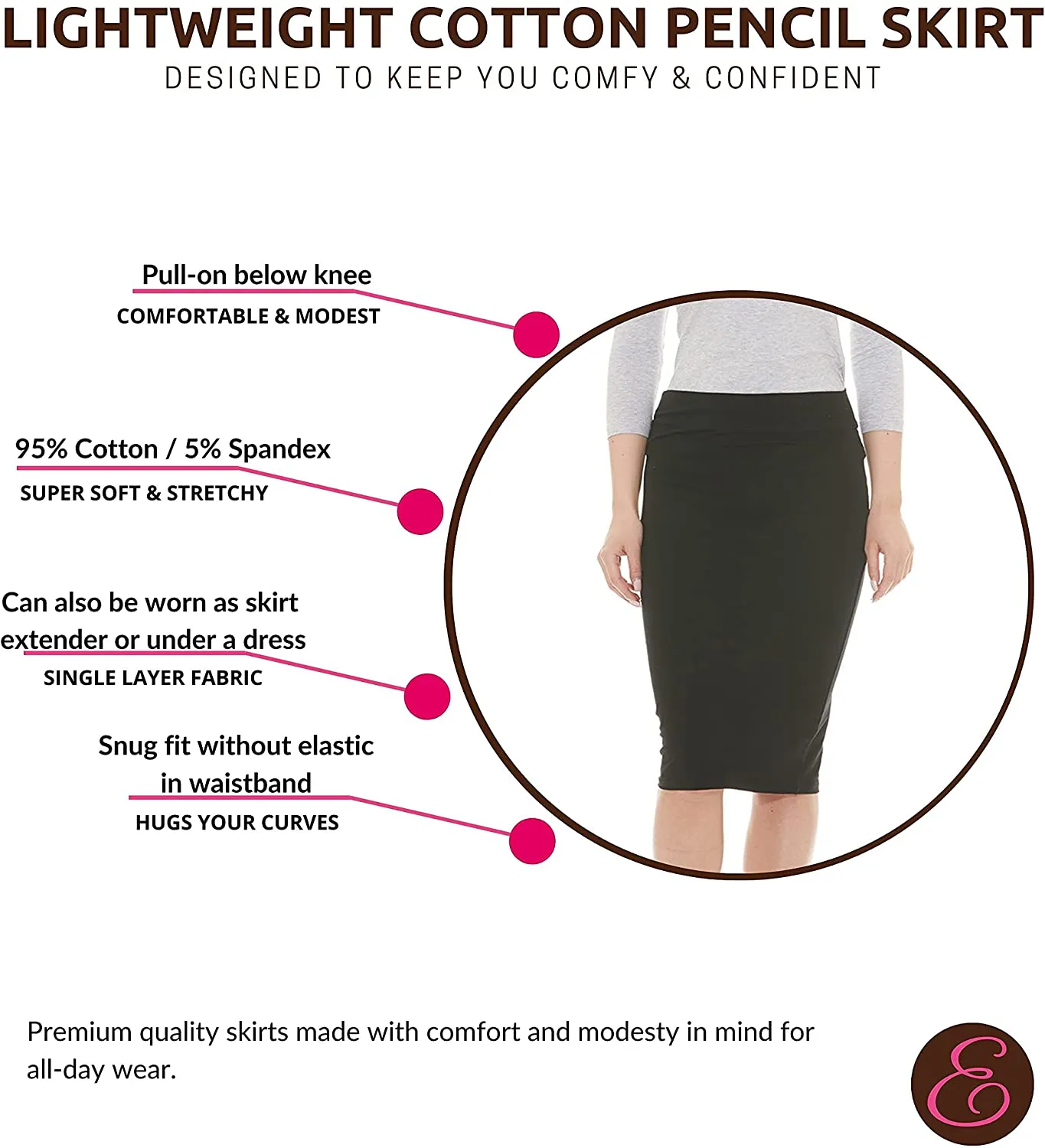 ESTEEZ Lightweight Cotton Spandex Knee Pencil Skirt