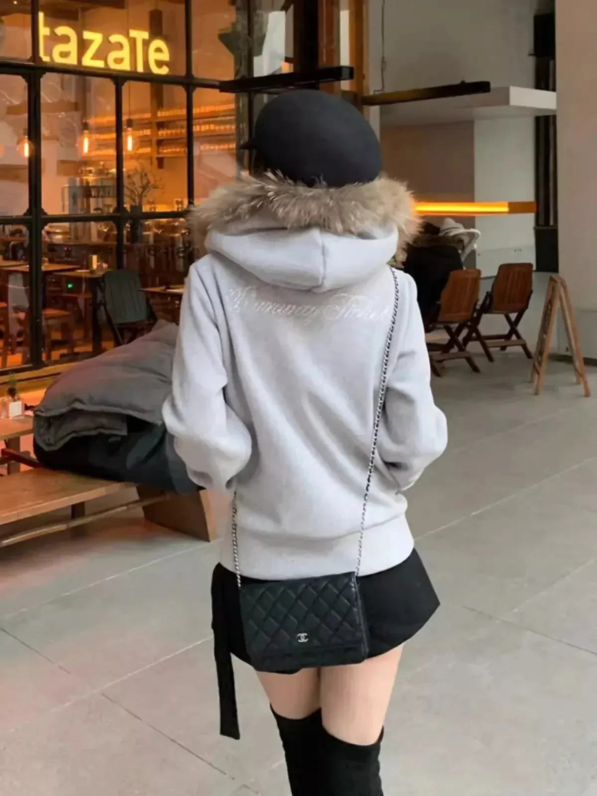 Fashionkova Vintage Faux Fur Collar Cropped Hoodies Women Streetwear Y2k Zip Up Hooded Sweatshirts Grunge Harajuku Long Sleeve Tops