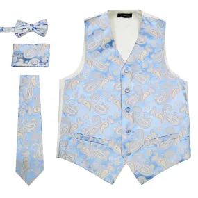 Ferrecci Mens Blue/Off-White Paisley Wedding Prom Grad Choir Band 4pc Vest Set